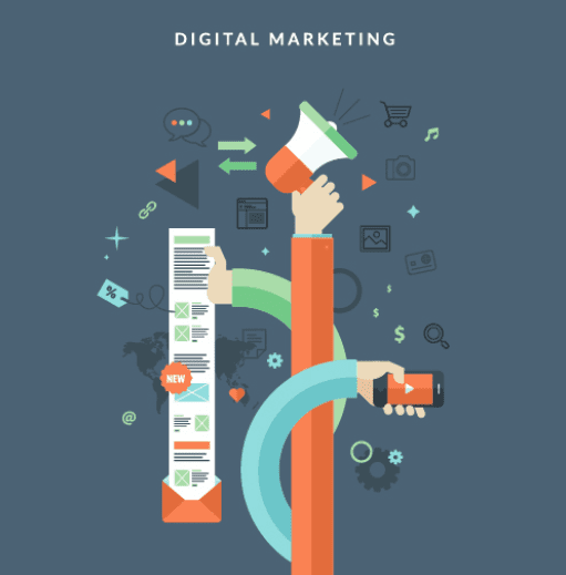 Digital Marketing Concept With A Megaphone, Smartphone, Social Media Icons, And An Email List, Highlighting The Various Aspects Of Online Marketing And Communication Strategies.